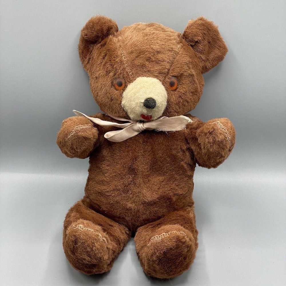 Vintage Knickerbocker? Gund? Teddy Bear 16" Amber Eyes Pink Ribbon